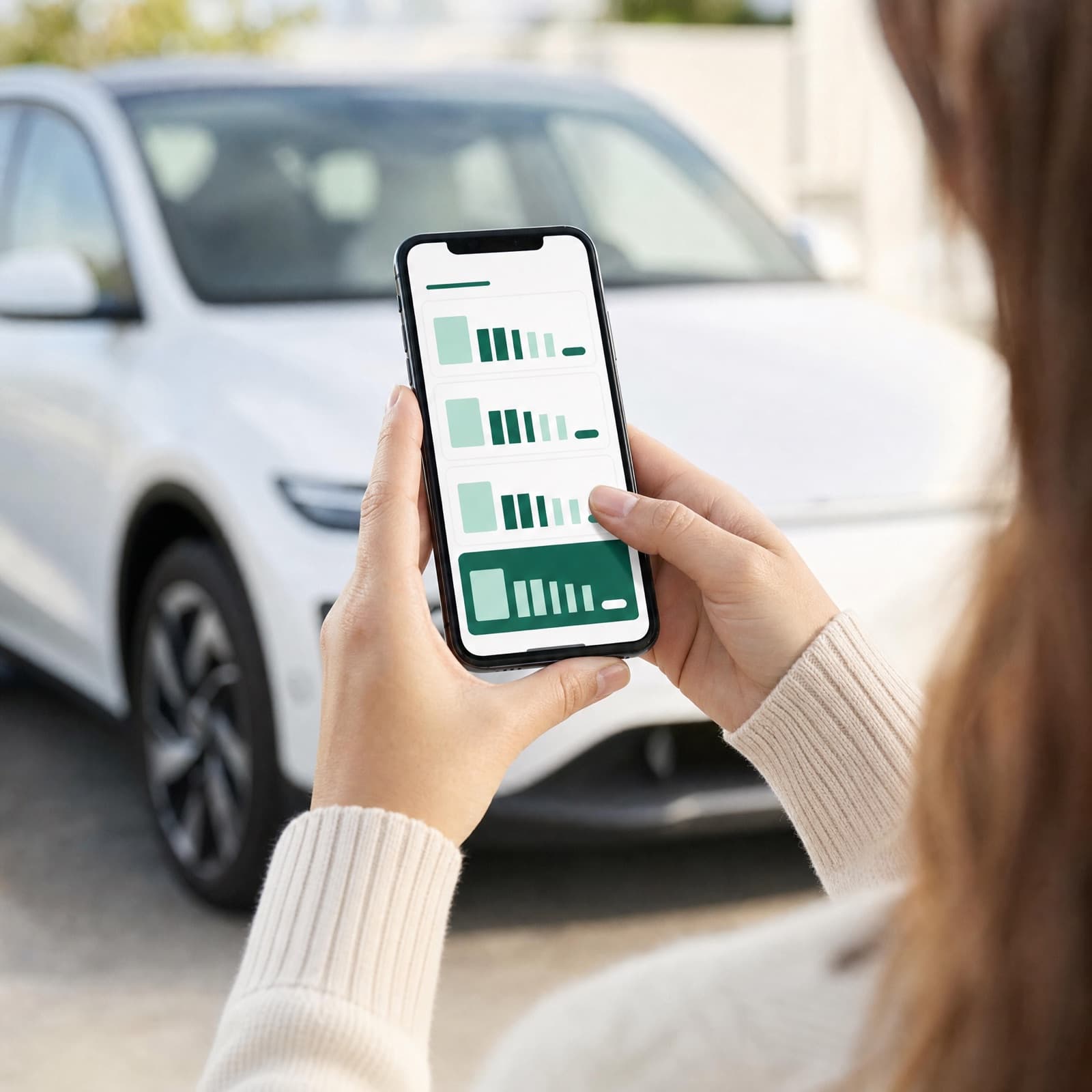Hände halten ein Smartphone mit mehreren Preisangeboten, im Hintergrund ein Elektroauto