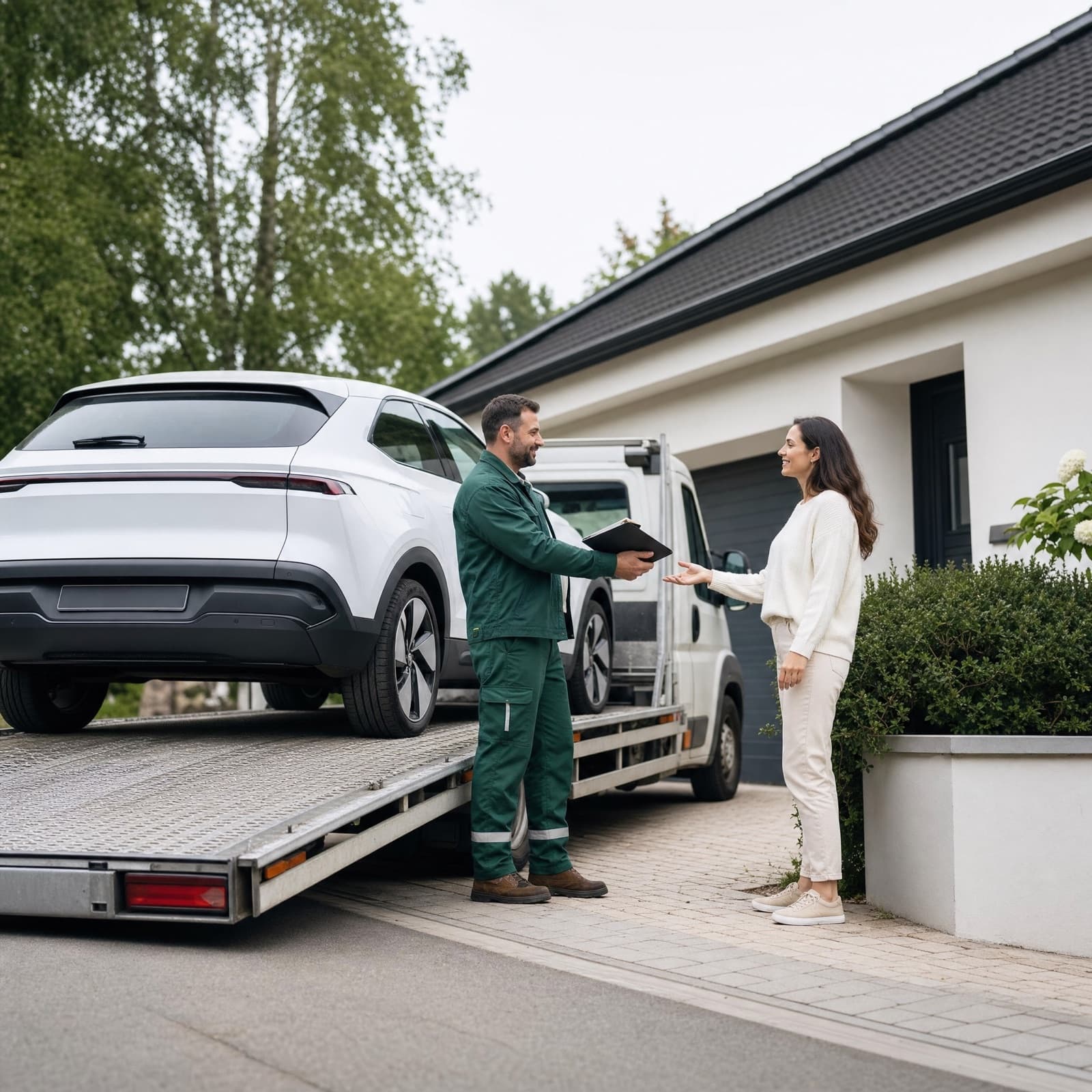 Elektroauto wird vor einem Wohnhaus auf einen Transporter geladen