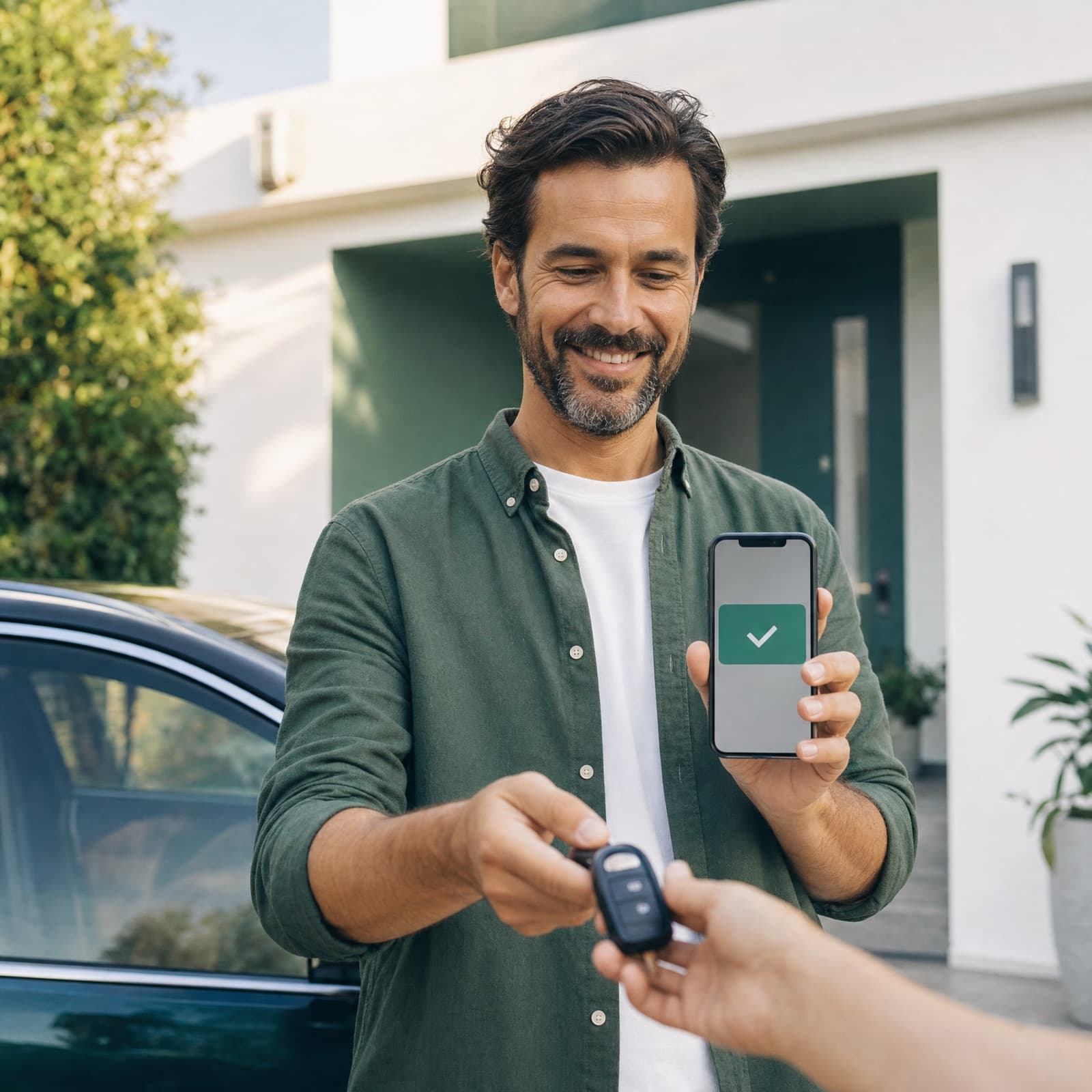 Verkäufer mit Zahlungsbestätigung auf dem Smartphone bei der Schlüsselübergabe